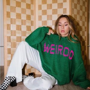 LALA Green and Pink Crew Neck Sweater